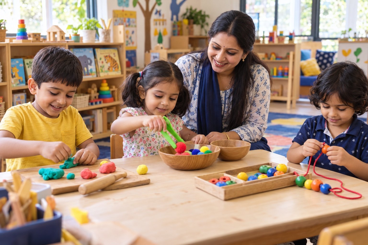 Indian preschool children building fine motor skills with play dough, tongs and threading under teacher supervision