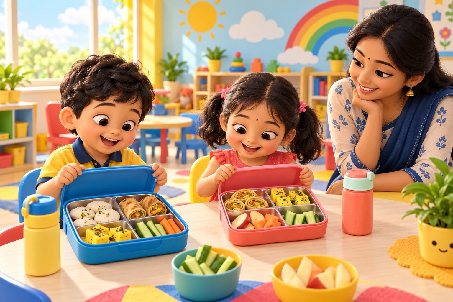 Two Indian preschool children enjoying colourful lunch boxes with idli, rolls, dhokla, fruit and vegetables