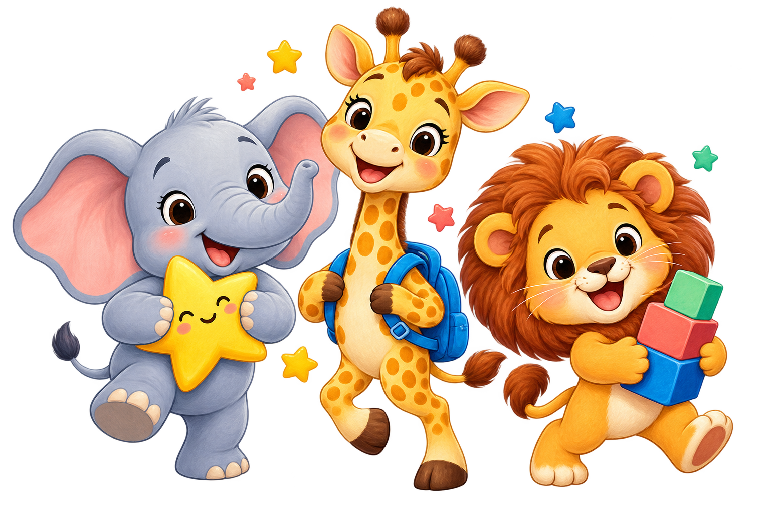 Friendly elephant, giraffe and lion cartoon mascots