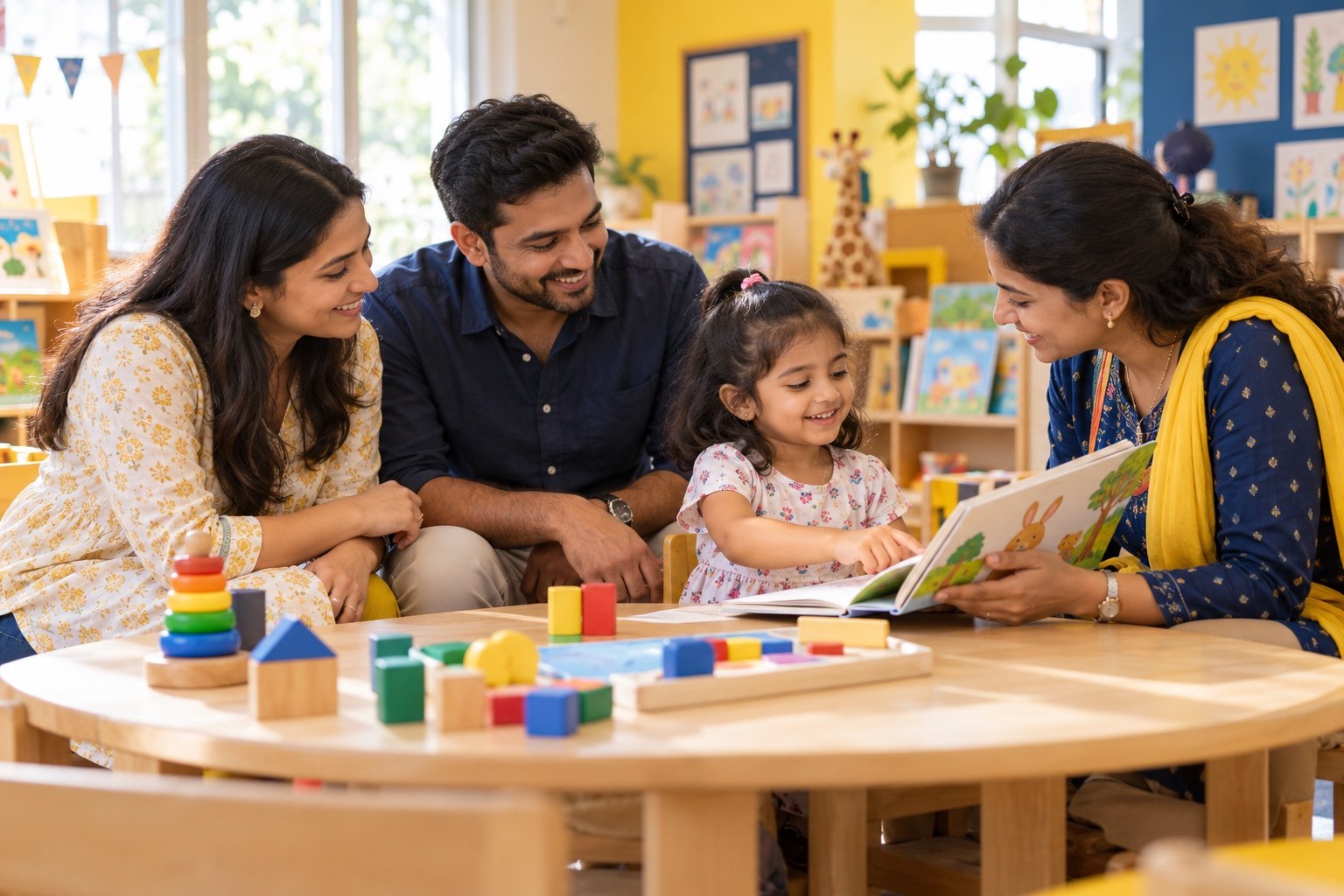 Indian parents and their preschool child enjoying a friendly story-based interaction with a nursery educator
