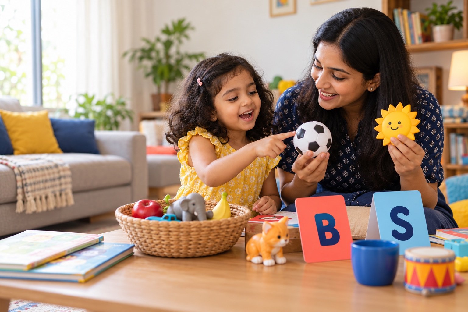Indian mother and preschool daughter exploring beginning sounds with a ball, sun and playful letter cards