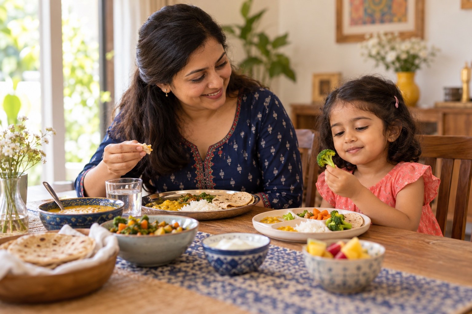 Indian mother and preschool daughter sharing a relaxed meal as the child explores broccoli