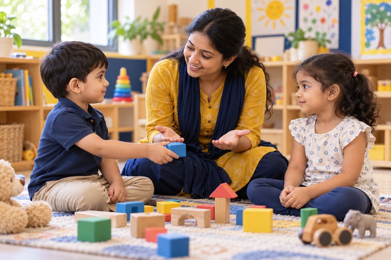An Indian preschool educator helping two children use calm words and share a block after a conflict