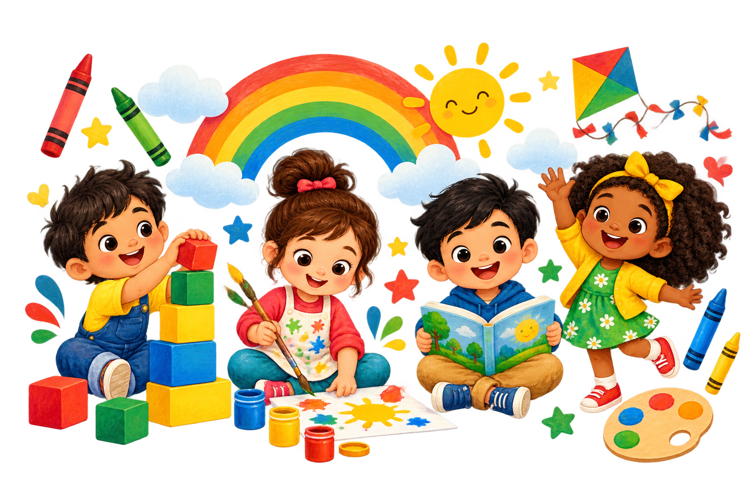 Illustration of preschool children painting, reading and playing with blocks