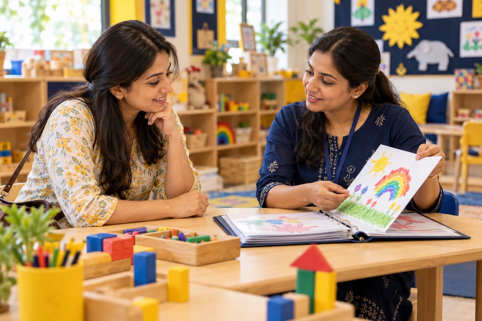 An Indian preschool teacher and parent having a warm parent-teacher meeting while looking at a child's artwork