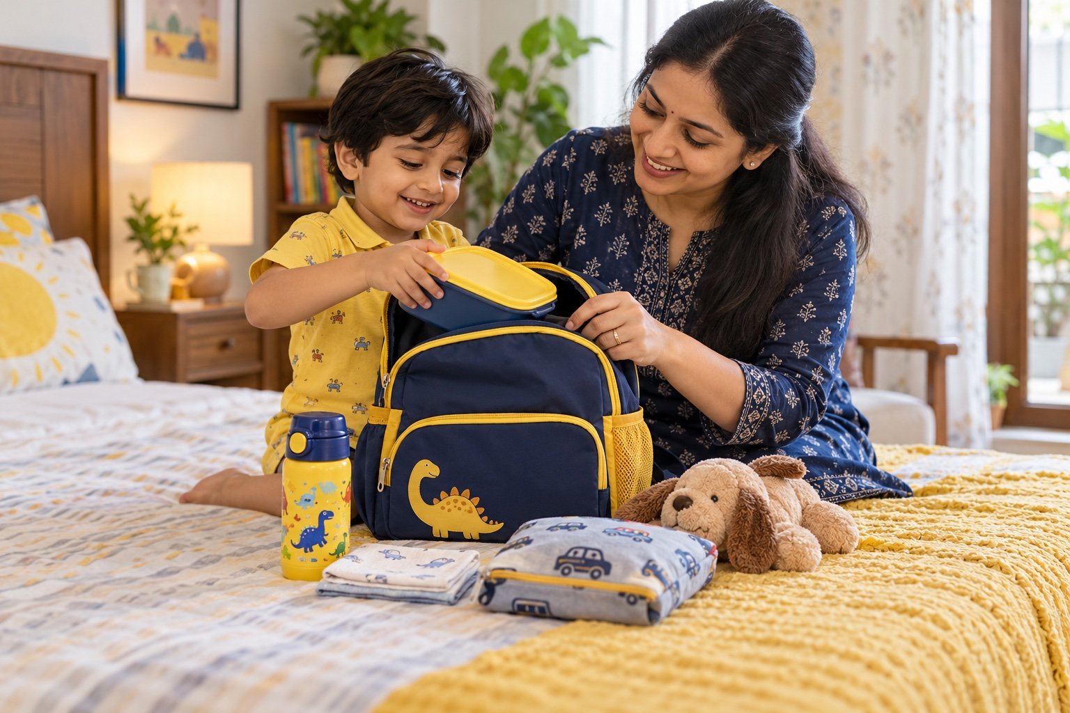 An Indian mother and preschool child happily packing a small navy and yellow school bag together