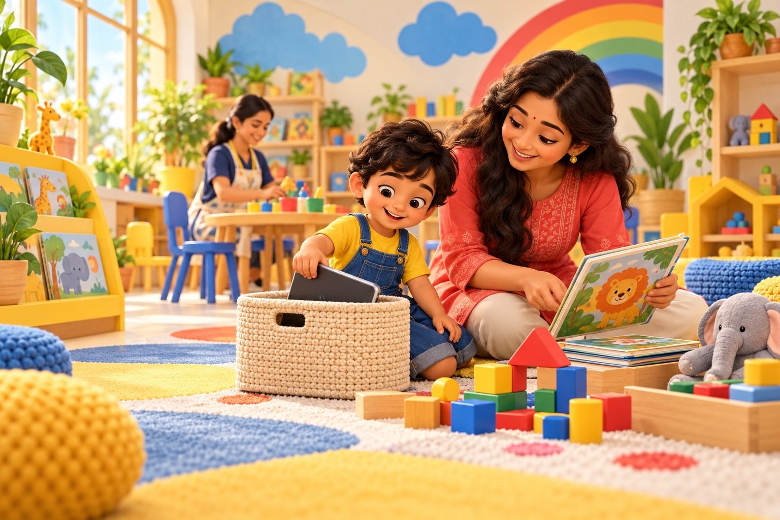A parent and preschool child happily choosing a picture book and blocks after putting a tablet away