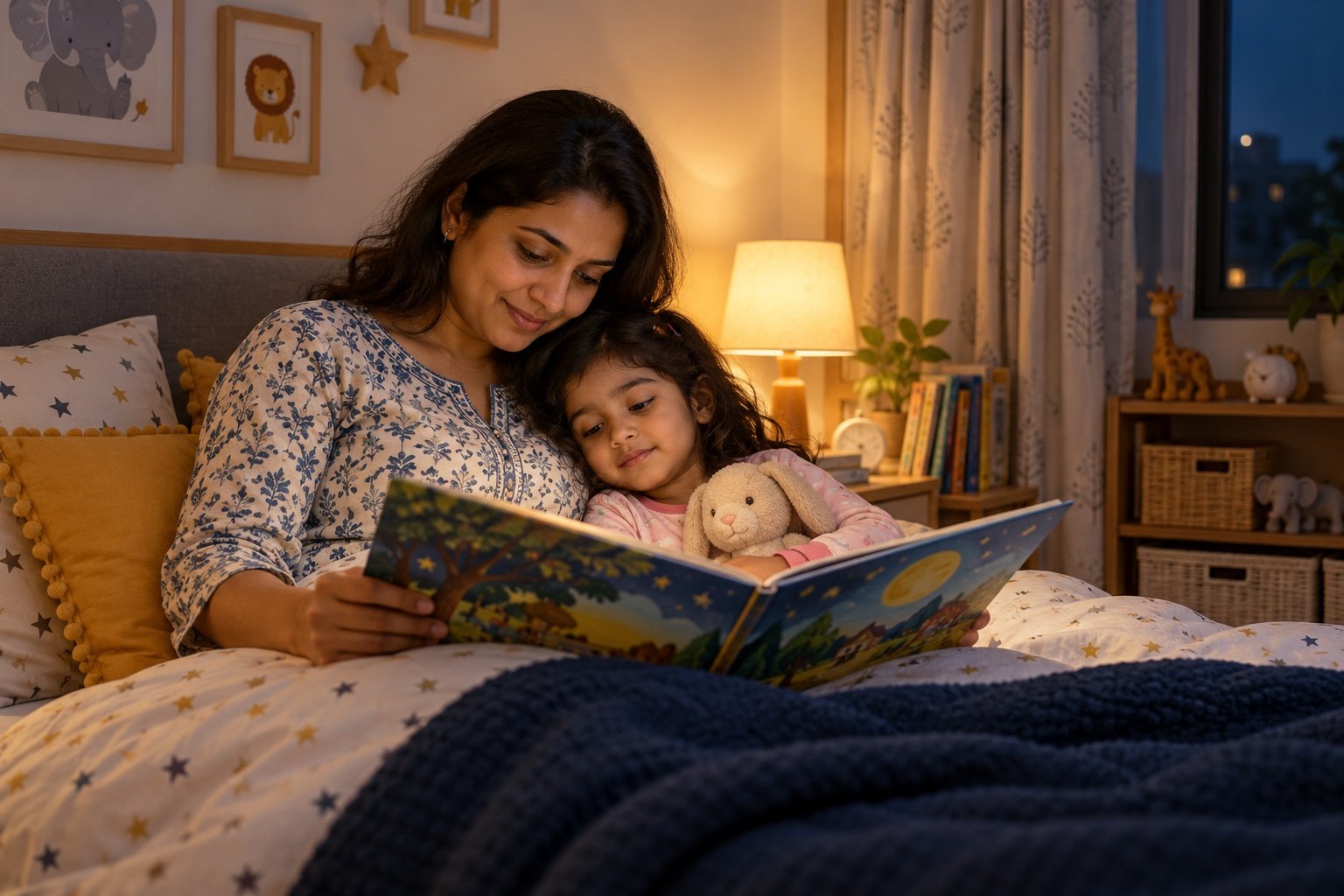 An Indian mother and preschool daughter sharing a peaceful picture book before bedtime