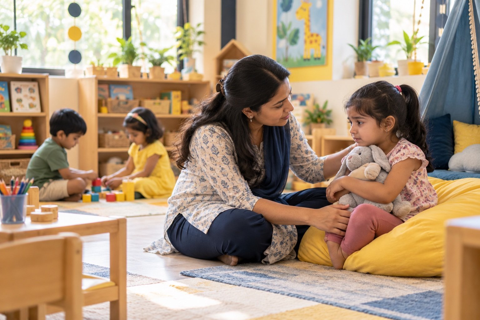 Indian preschool teacher calmly supporting a child who is beginning to recover from big feelings
