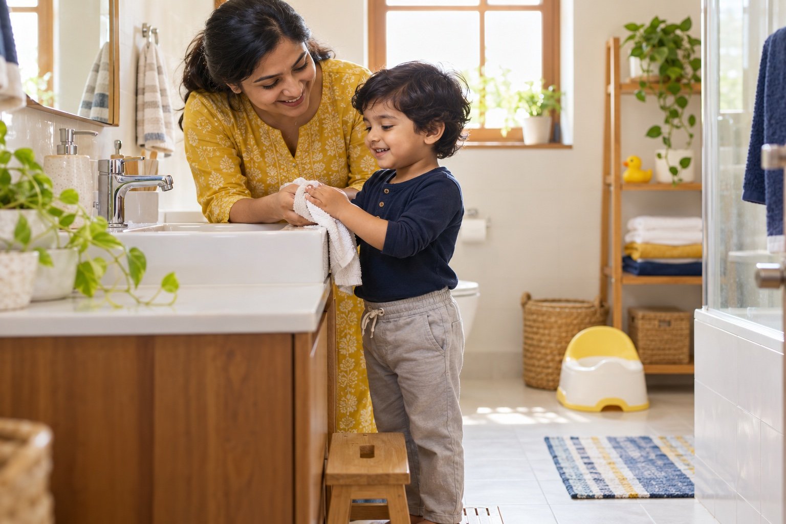 An Indian mother and fully clothed preschool child practising handwashing together in a bright home bathroom