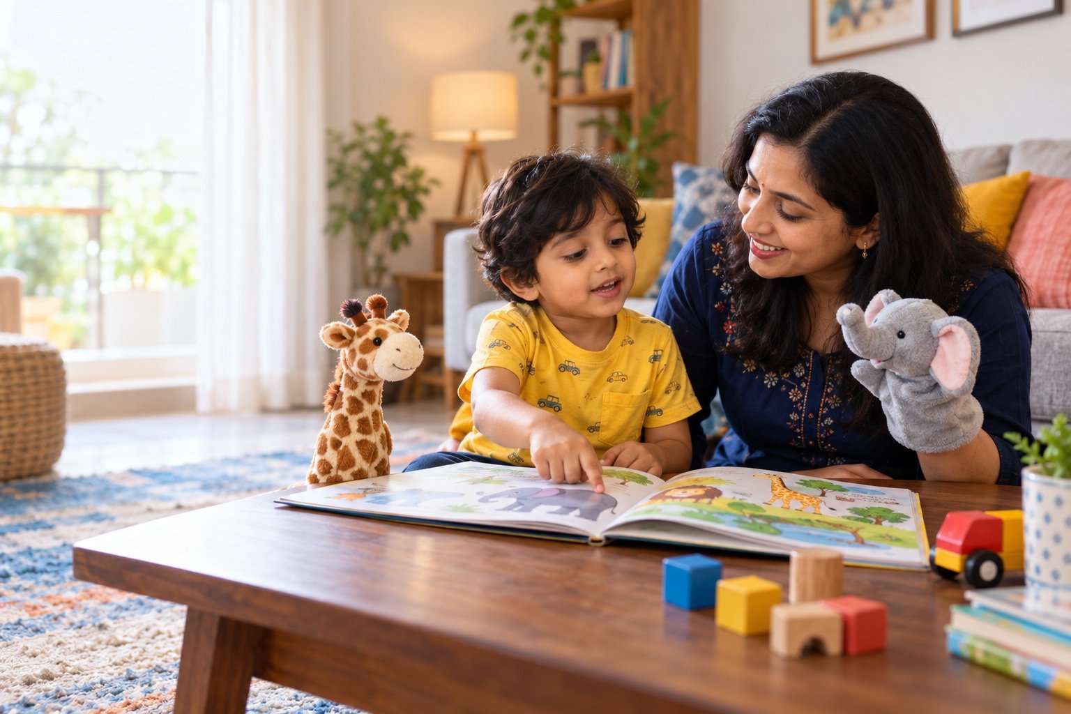 Indian mother and three-year-old son sharing a picture book and animal puppet conversation